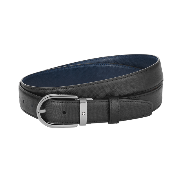 Horseshoe buckle black/blue 30 mm reversible leather belt - 1