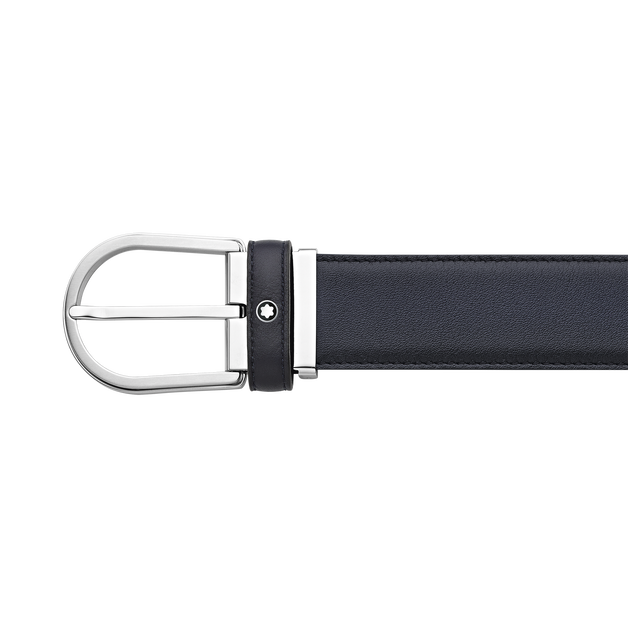 حزام جلدي أزرق، عرضه 35 مم، مزوّد بمشبك شبيه بحدوة الحصان - 1