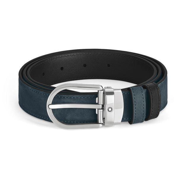 Ceinture r&eacute;versible &agrave; boucle fer &agrave; cheval de 30&nbsp;mm en cuir bleu velours/noir - 1