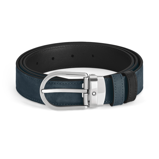 Horseshoe Buckle Velvet Blue/Black 30 mm Reversible Leather Belt - 1