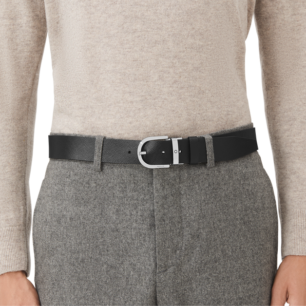 حزام  ذو وجهين من الجلد الأسود المطبوع والأحمر الخمري بعرض 35 مم وبمشبك على شكل حدوة حصان - 2