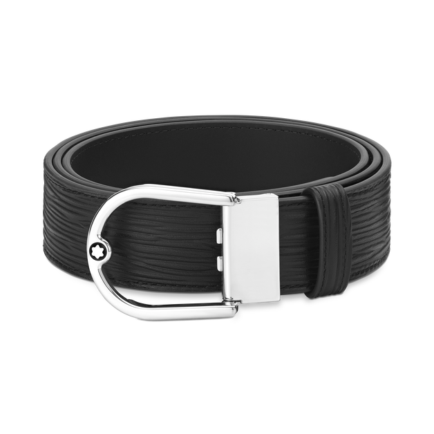 Horseshoe buckle printed black/plain black 35 mm reversible leather belt - 1