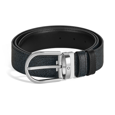 Horseshoe Buckle Tweed Blue/Black 35 mm Reversible Leather Belt