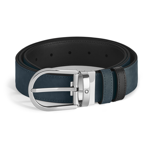 حزام جلدي ذو وجهين أزرق مخملي/أسود، عرضه 35 مم، مزوّد بمشبك على شكل حدوة الحصان - 1