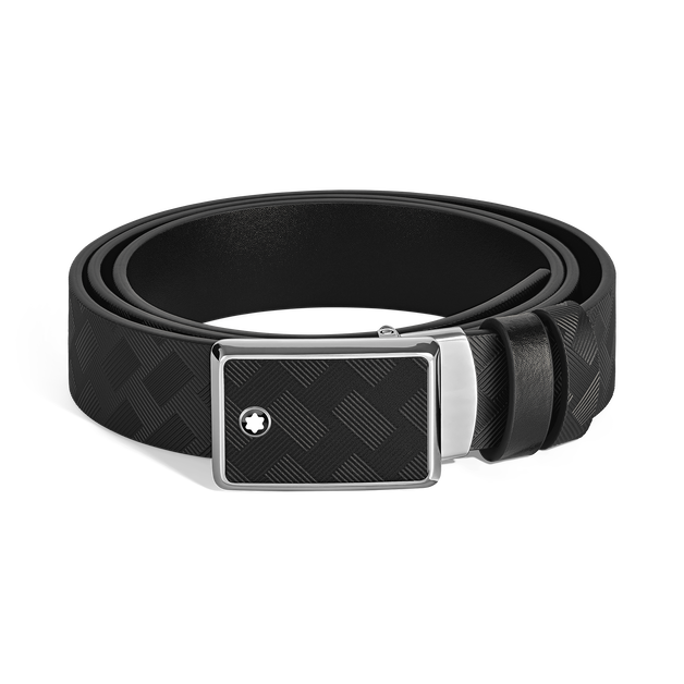 حزام جلدي ذو وجهين بلون أسود/أسود، عرضه 35 مم، مزوّد بمشبك صفائحي بأسلوب التطعيم - 1