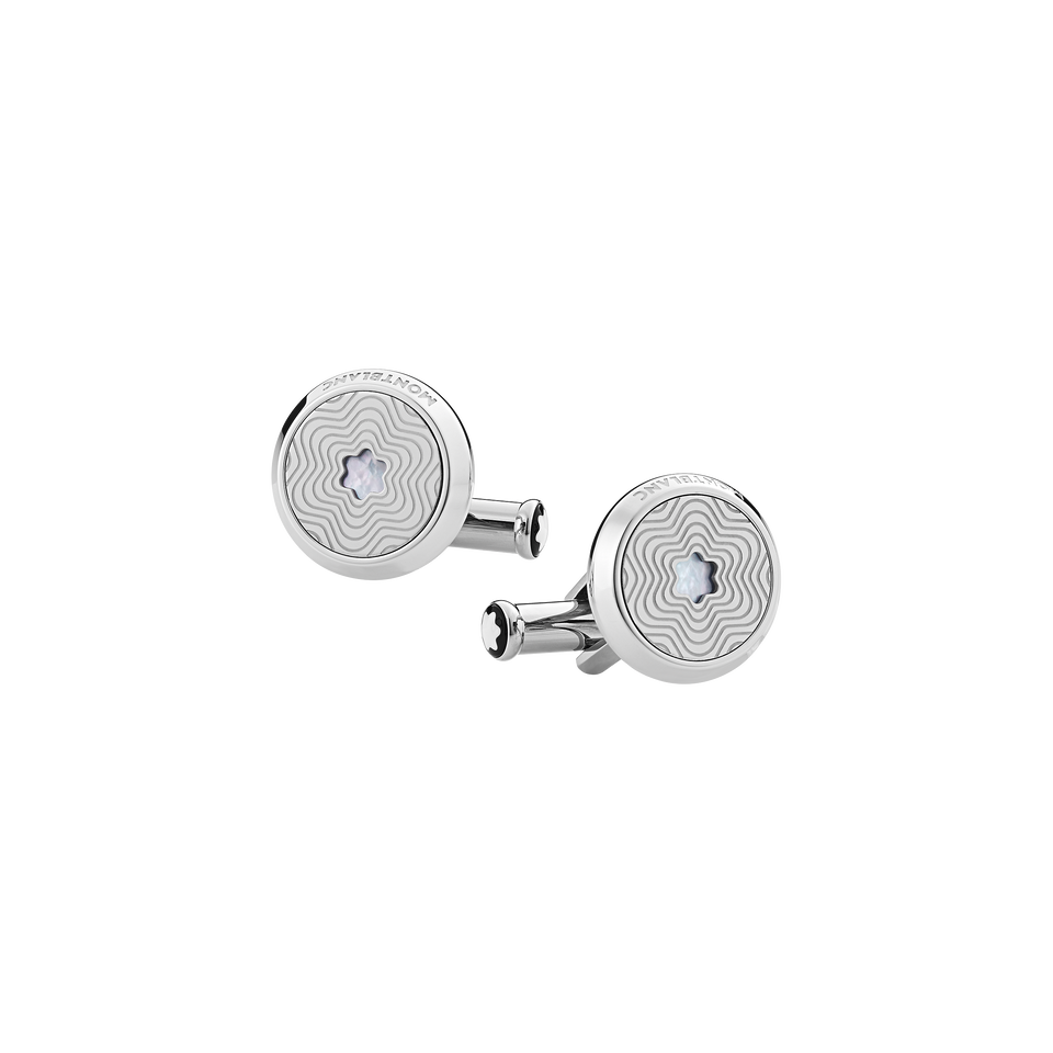 Cufflinks, round in stainless steel with exploding star pattern and mother-of-pearl snowcap emblem - 1