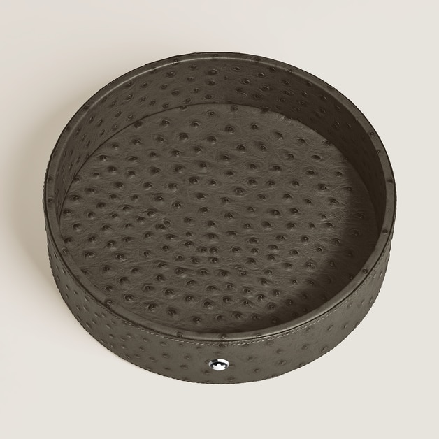 Large Round Desk Tray in Ostrich-Embossed Leather - 3