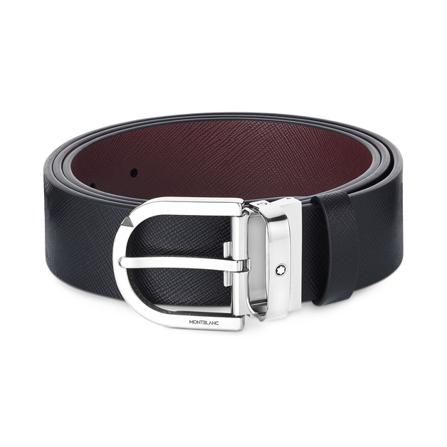 حزام  ذو وجهين من الجلد الأسود المطبوع والأحمر الخمري بعرض 35 مم وبمشبك على شكل حدوة حصان - 1