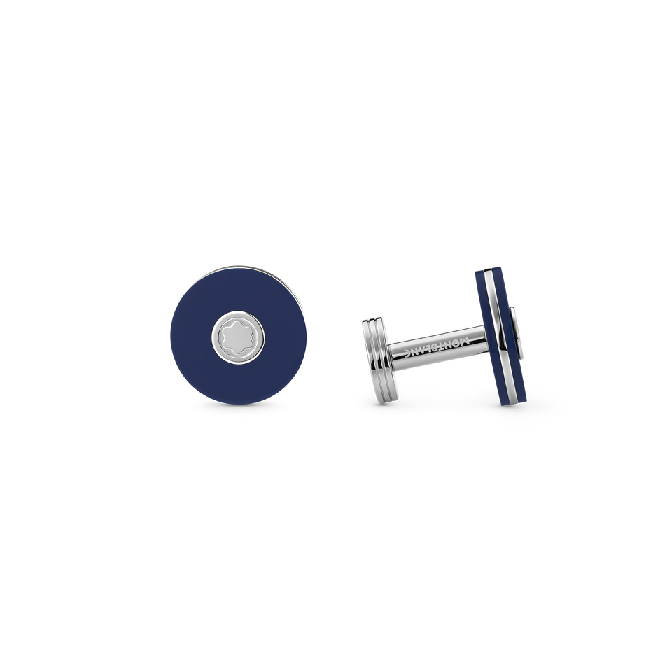 Cufflinks, round in stainless steel with blue resin - 1