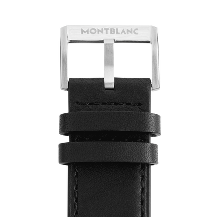 Correa de piel de becerro negra con hebilla gris