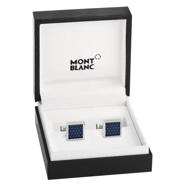 Cufflinks, rectangular in stainless steel with blue patterned inlay - 4