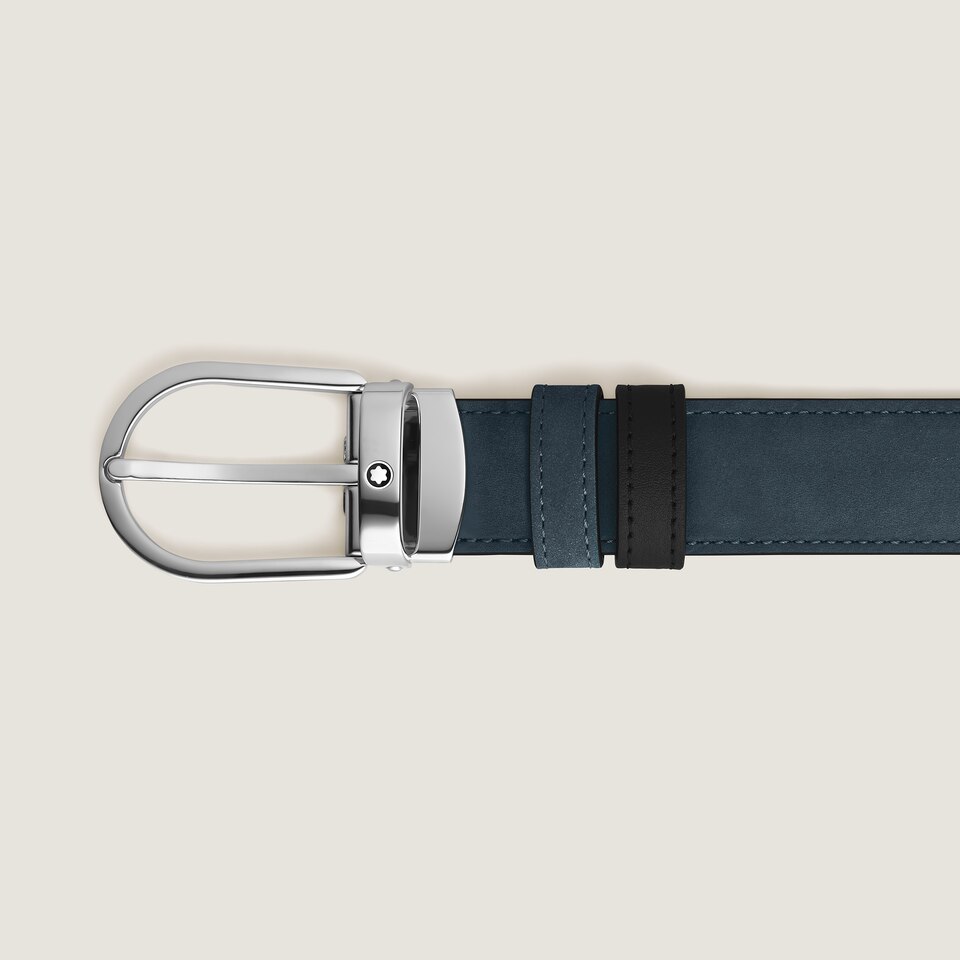 Horseshoe buckle velvet blue/black 30mm reversible leather belt - 2