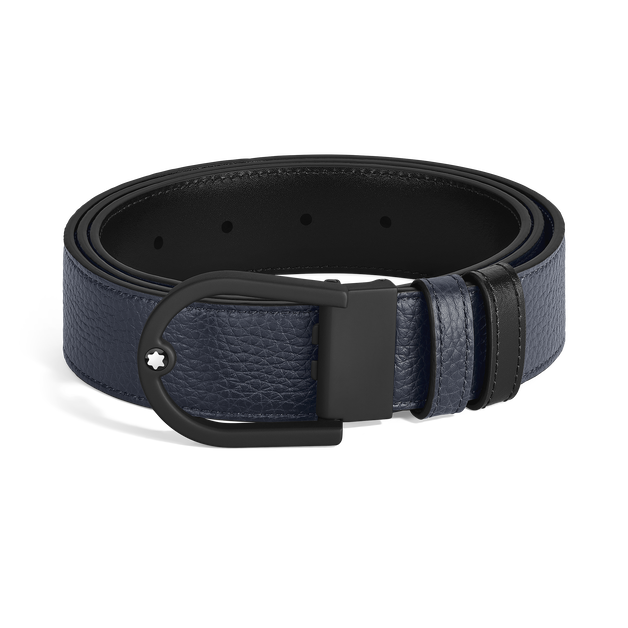 حزام جلدي ذو وجهين بلون أزرق ليلي/أسود، عرضه 35 مم، مزوّد بمشبك خفيف على شكل حدوة الحصان - 1