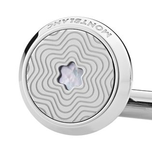 Cufflinks, round in stainless steel with exploding star pattern and mother-of-pearl snowcap emblem