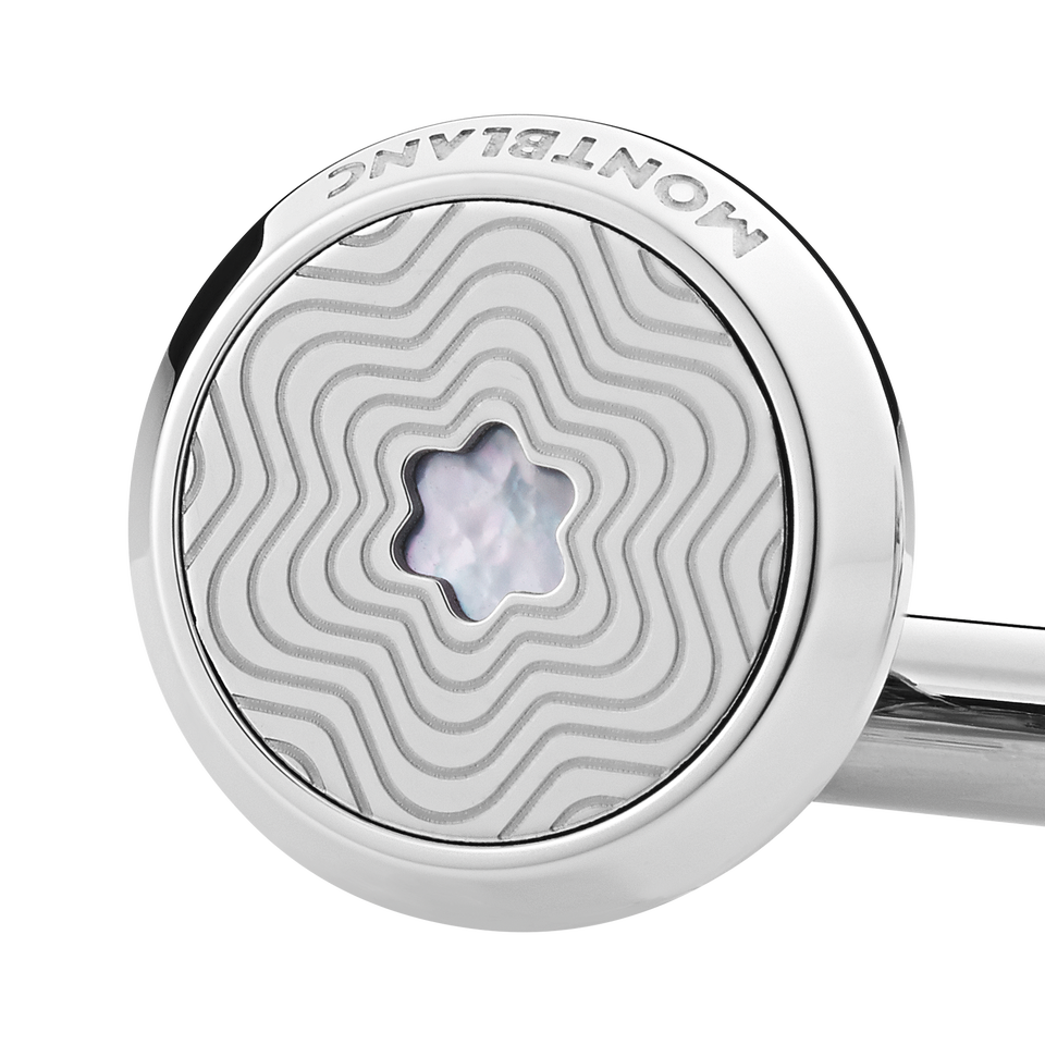 Cufflinks, round in stainless steel with exploding star pattern and mother-of-pearl snowcap emblem - 2