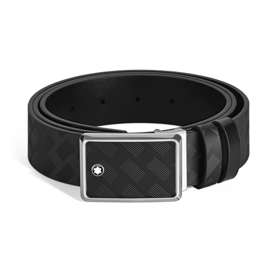 Marquetry plate buckle black/black 30mm reversible leather belt - 1