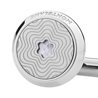 Cufflinks, round in stainless steel with exploding star pattern and mother-of-pearl snowcap emblem
