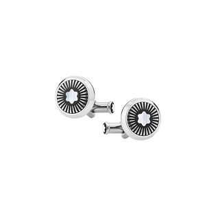 Cufflinks, round in stainless steel with ray pattern and mother-of-pearl snowcap emblem