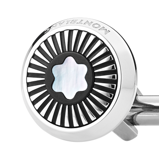 Cufflinks, round in stainless steel with ray pattern and mother-of-pearl snowcap emblem