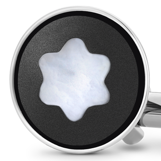 Cufflinks, round in stainless steel with black PVD inlay and mother-of-pearl snowcap emblem